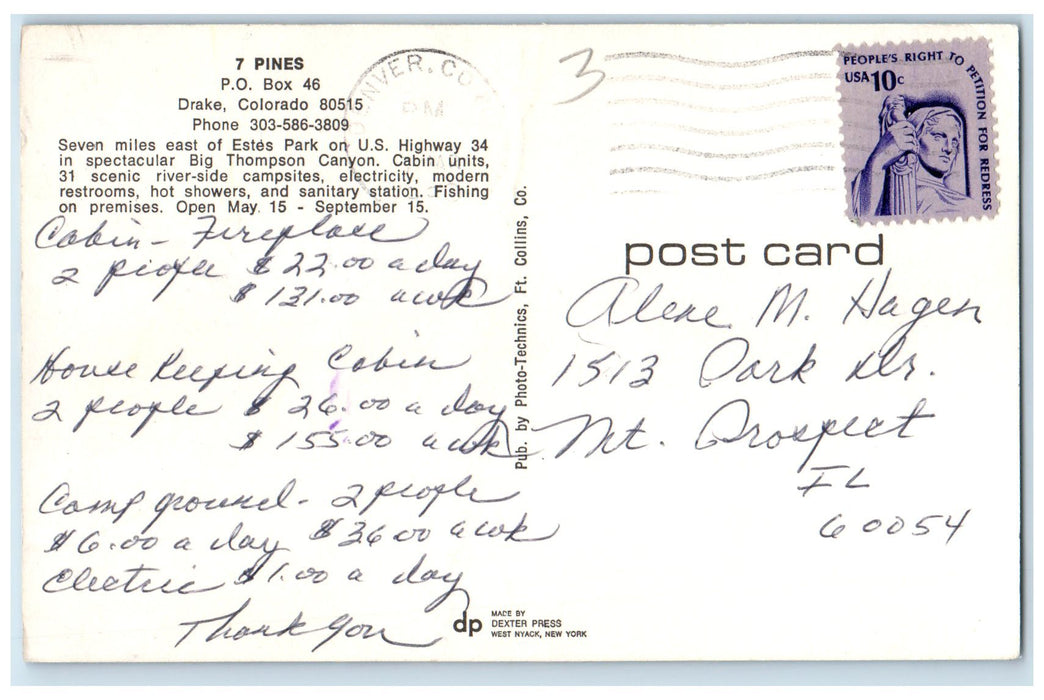 c1950 7 Pines Estes Park Scenic Cabins Campsites Riverside Colorado CO Postcard