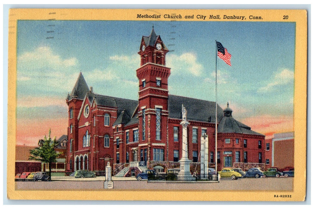 c1940's Methodist Church & City Hall Monument Danbury Connecticut CT Postcard