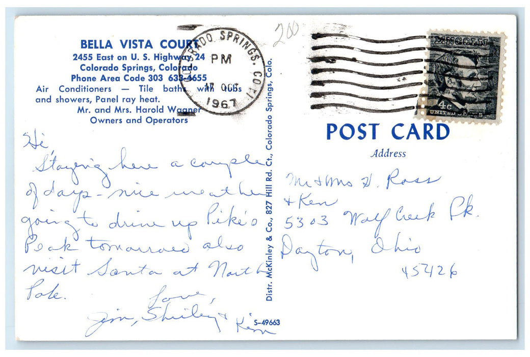 1967 Bella Vista Court Hotel & Restaurant Colorado Springs Colorado CO Postcard
