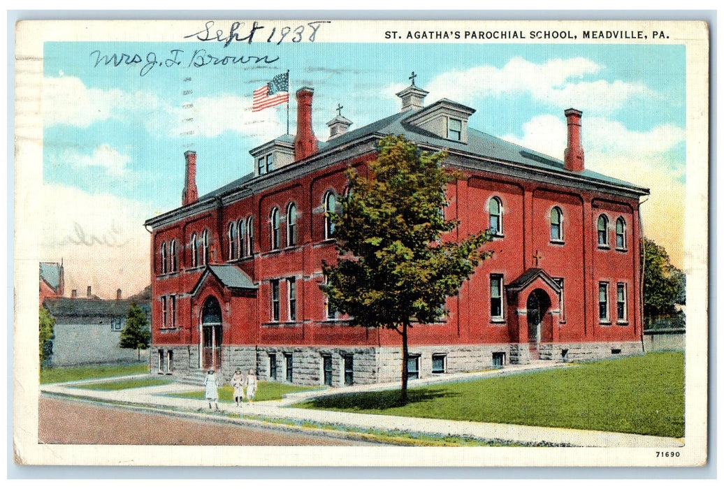 1938 St. Agatha's Parochial School Campus Meadville Pennsylvania PA Postcard