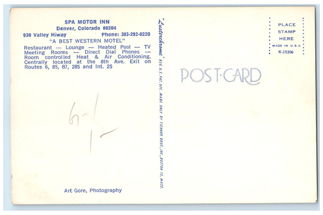 c1950's Spa Motor Inn Hotel & Restaurant Classic Car Denver Colorado CO Postcard