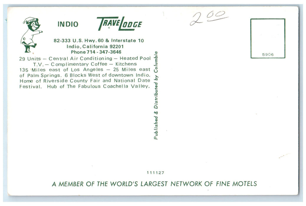 c1950's Indio Travel Lodge Hotel & Restaurant Signage Entrance Indio CA Postcard
