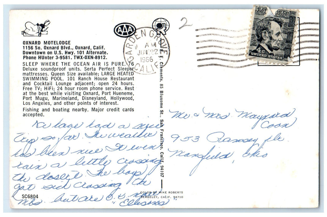 1966 Oxnard Motelodge & Restaurant Swimming Pool Oxnard California CA Postcard