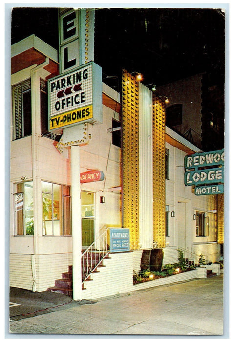 1970 Redwood Lodge Motel & Apartments Restaurant View Los Angeles CA Postcard