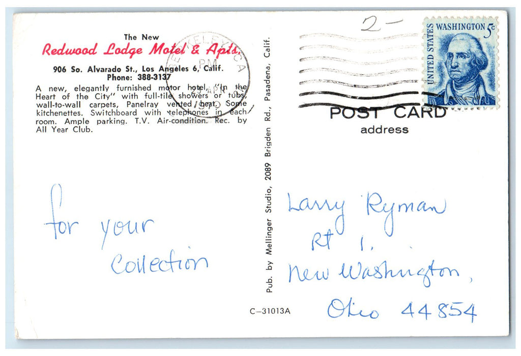 1970 Redwood Lodge Motel & Apartments Restaurant View Los Angeles CA Postcard