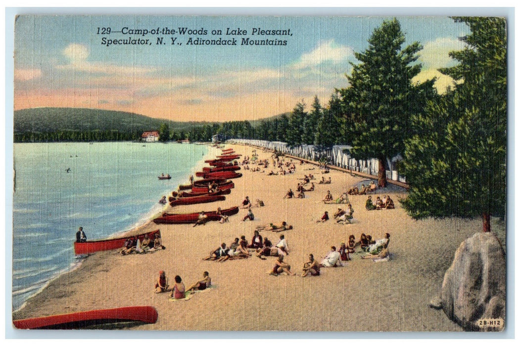 1946 Camp Of Woods On Lake Pleasant Canoe Boating Bathing Speculator NY Postcard