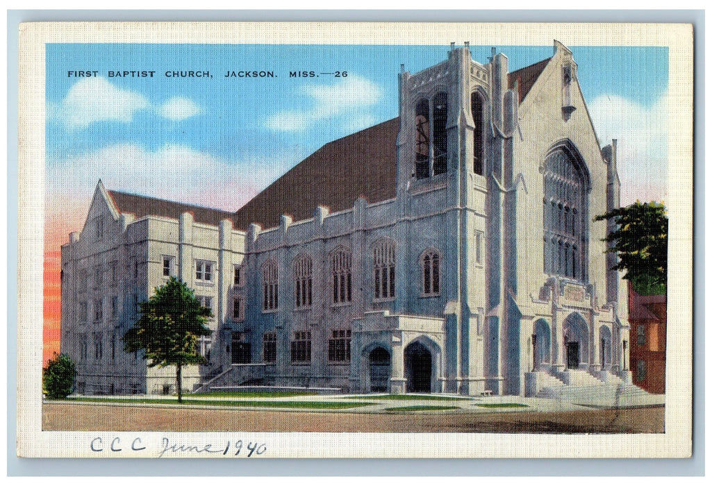 c1940 First Baptist Church Building Tower Stairs Jackson Mississippi MS Postcard