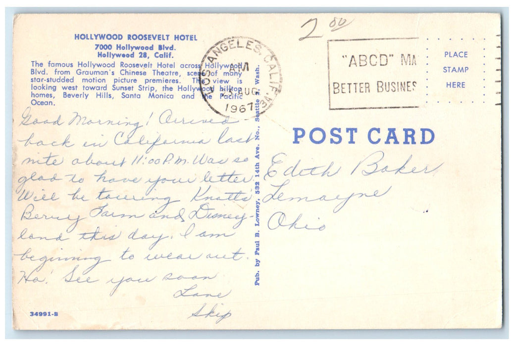 1967 Hollywood Roosevelt Hotel & Restaurant Building View Hollywood CA Postcard