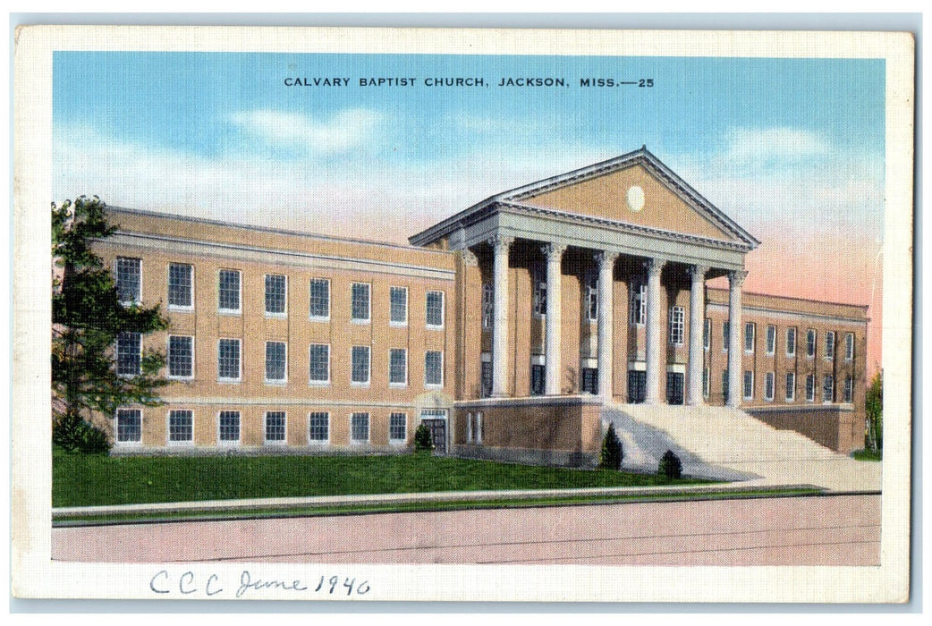 c1940's Calvary Baptist Church Building Stairs Jackson Mississippi MS Postcard