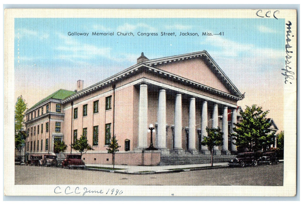 c1940's Galloway Memorial Church Congress Street Jackson Mississippi MS Postcard