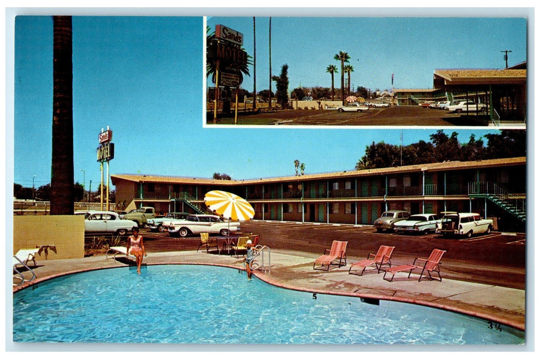 c1950's Sands Motel & Restaurant Swimming Pool View San Bernardino CA Postcard
