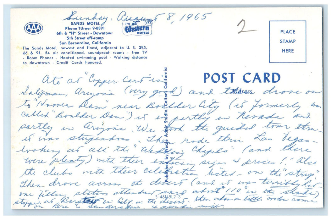 c1950's Sands Motel & Restaurant Swimming Pool View San Bernardino CA Postcard