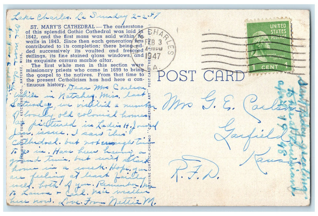 1947 St Mary's Cathedral Fountain Building Tower Natchez Mississippi MS Postcard
