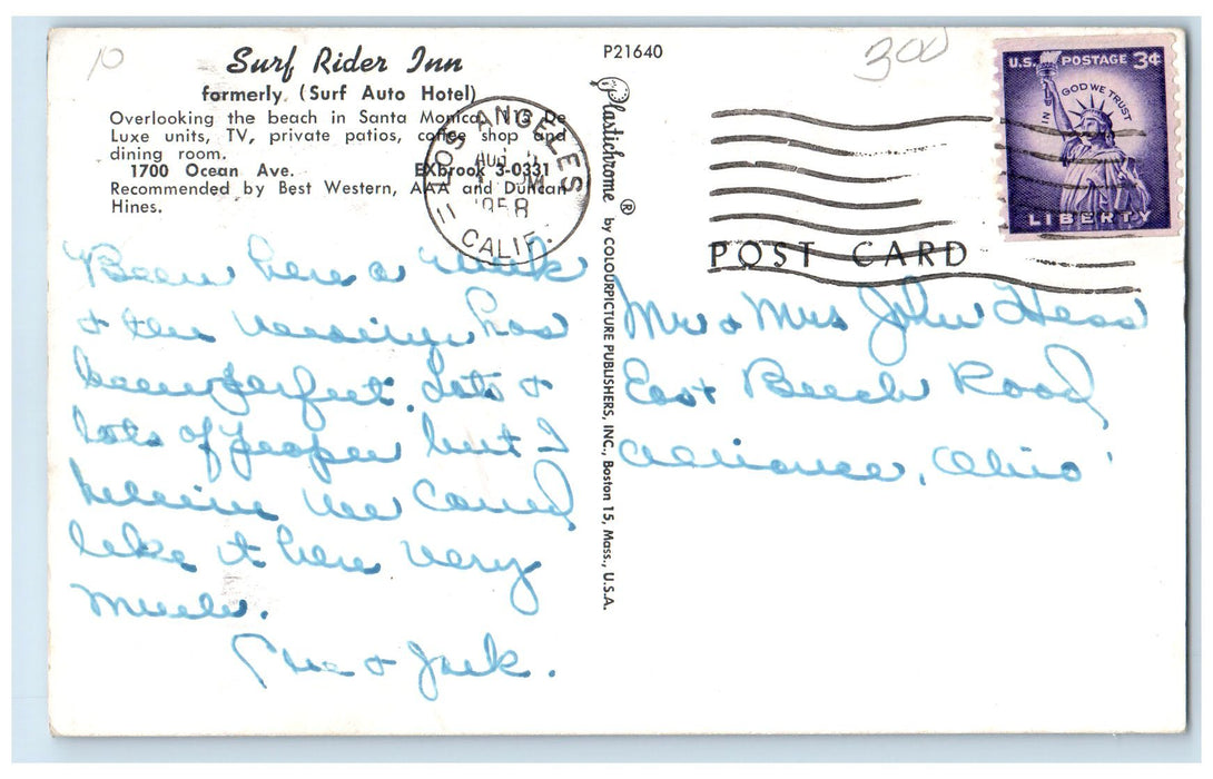 1958 Surf Rider Inn Hotel Restaurant Building Los Angeles California CA Postcard