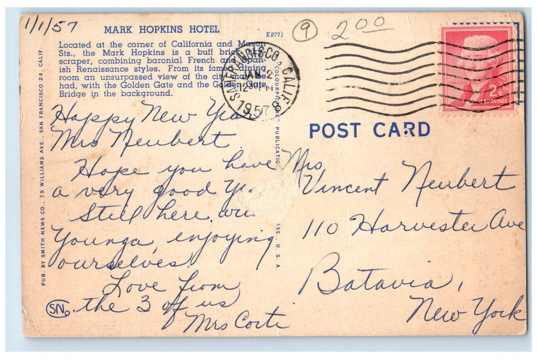 1957 Mark Hopkins Hotel Restaurant Building San Francisco California CA Postcard