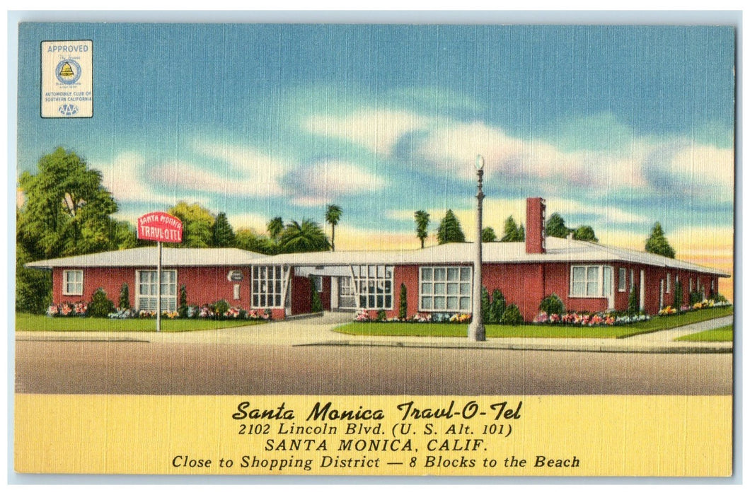 c1940's Santa MonicaTravl-O-Tel Hotel & Restaurant View Santa Monica CA Postcard