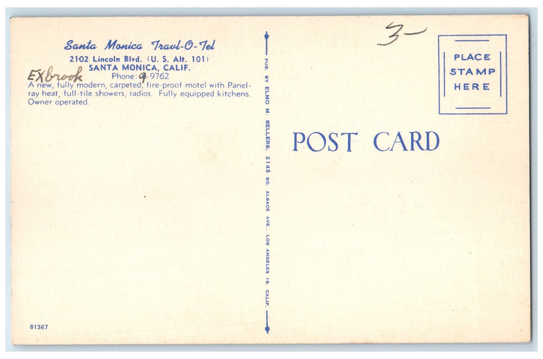 c1940's Santa MonicaTravl-O-Tel Hotel & Restaurant View Santa Monica CA Postcard