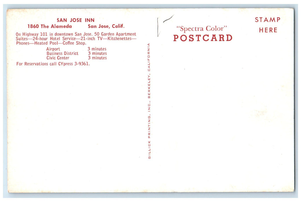 c1950 San Jose Inn Hotel Restaurant The Alomeda San Jose California CA Postcard