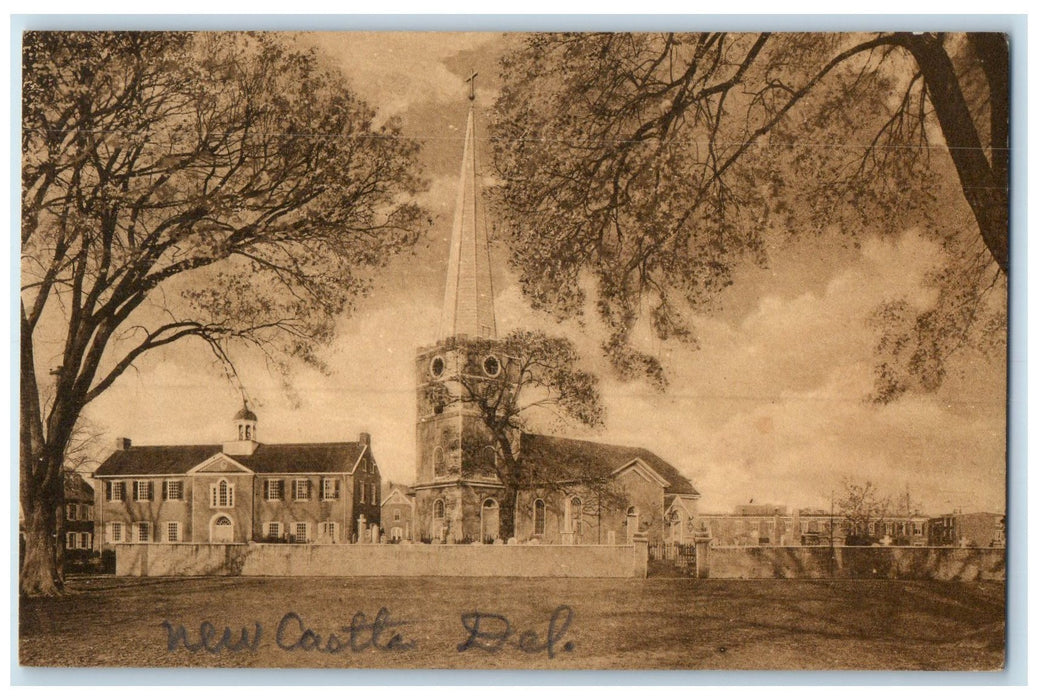 1940 Church Cemetery Academy Cross Clock Tower New Castle Delaware DE Postcard