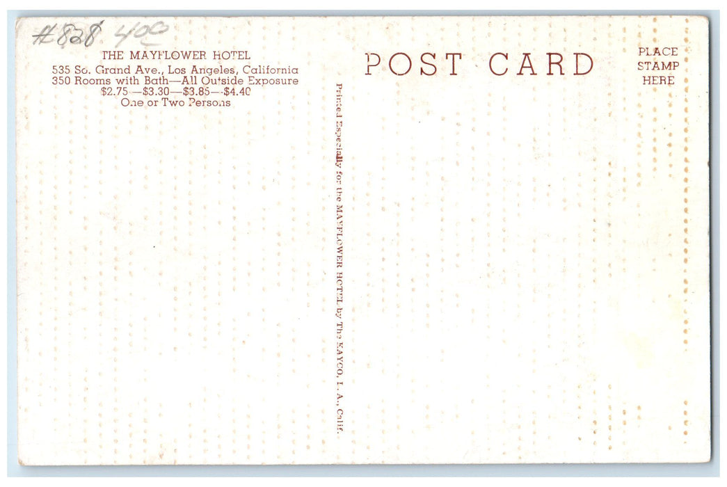 c1920's The May Flower Hotel & Restaurant Los Angeles California CA Postcard