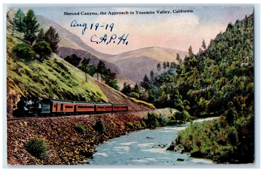 1919 Merced Canyon Train River Mountain Yosemite Valley California CA Postcard