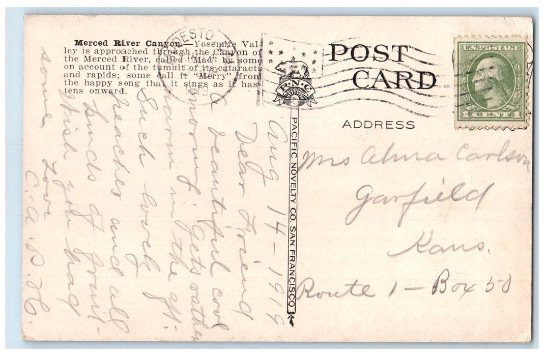 1919 Merced Canyon Train River Mountain Yosemite Valley California CA Postcard