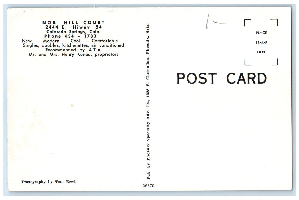 c1950's Nob Hill Court Hotel Restaurant Entrance Colorado Springs CO Postcard