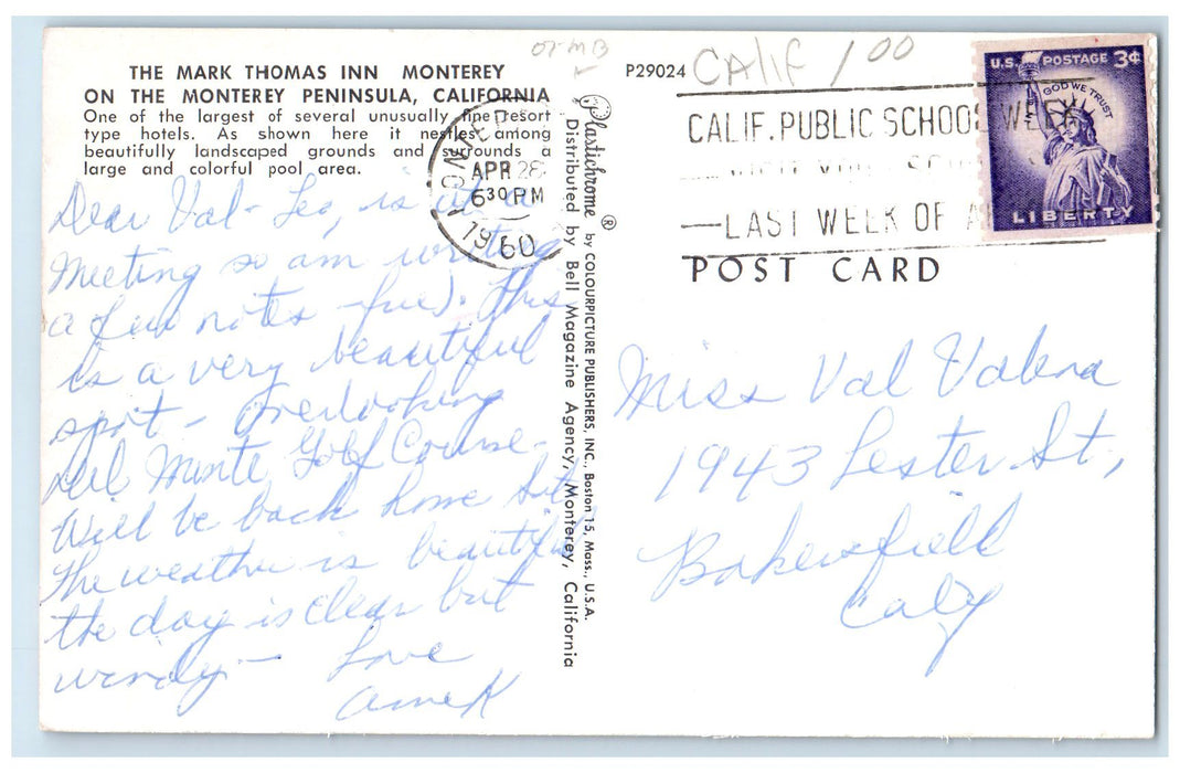 1960 Mark Thomas Inn Restaurant Swimming Pool Monterey Peninsula CA Postcard