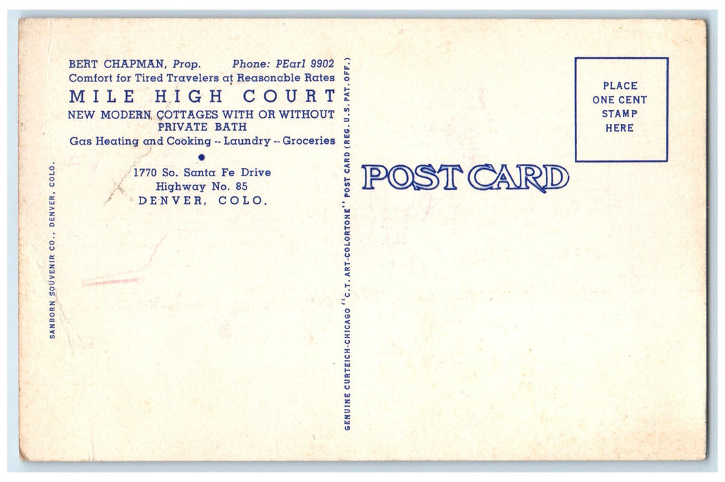 c1940's Mile High Court Hotel Restaurant Cottages Golf Course Denver CO Postcard
