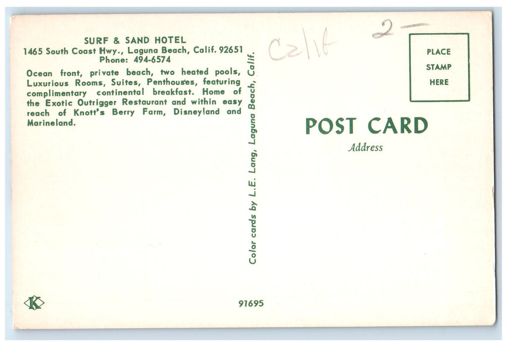 c1950 Surf & Sand Hotel Restaurant Shoreline Laguna Beach California CA Postcard