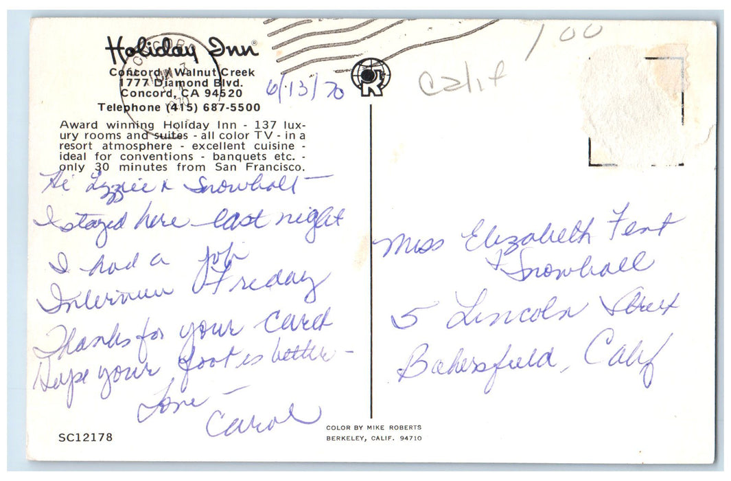 c1950's Holiday Inn Hotel & Restaurant Swimming Pool Guests Concord CA Postcard