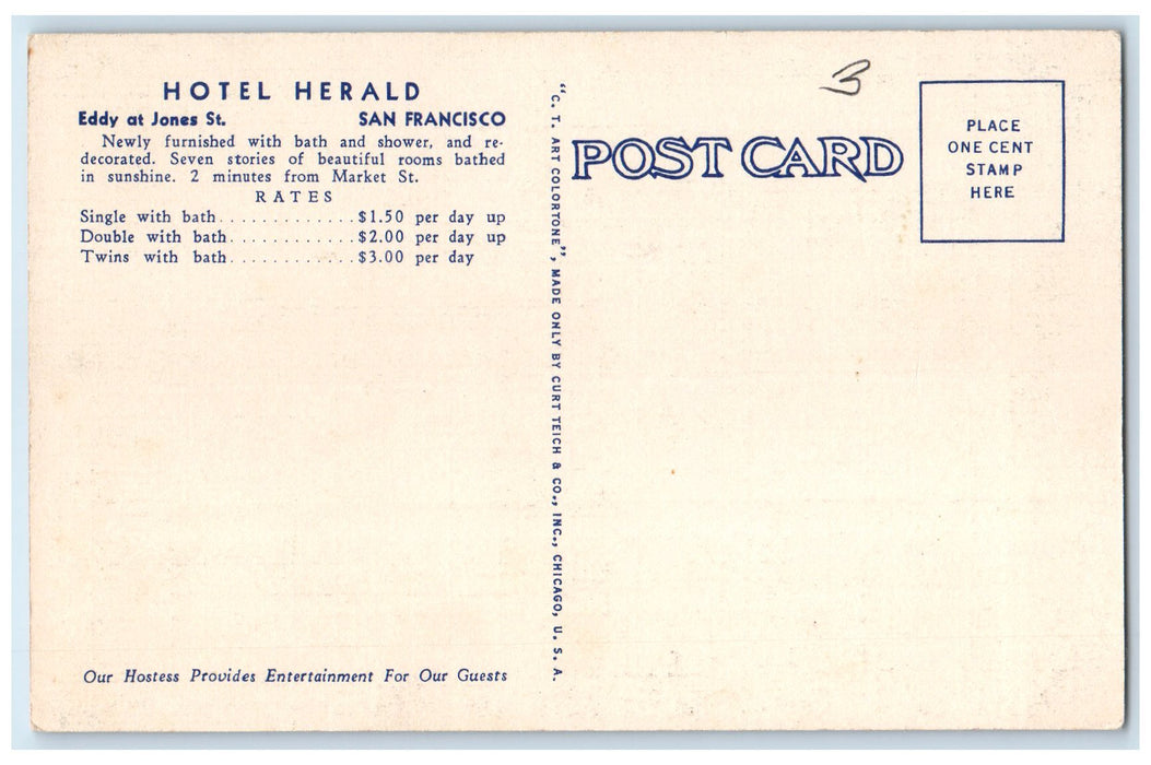 c1920's Hotel Herald Restaurant San Francisco California CA Advertising Postcard