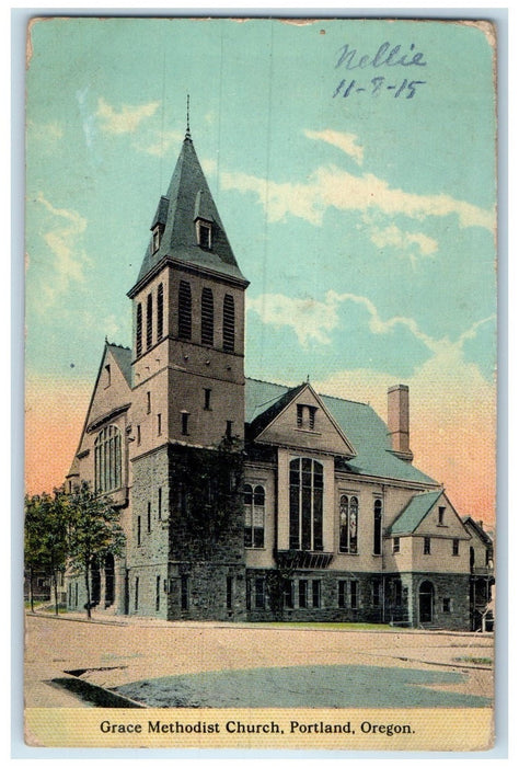 1915 Grace Methodist Church Dirt Road Building Tower Portland Oregon OR Postcard