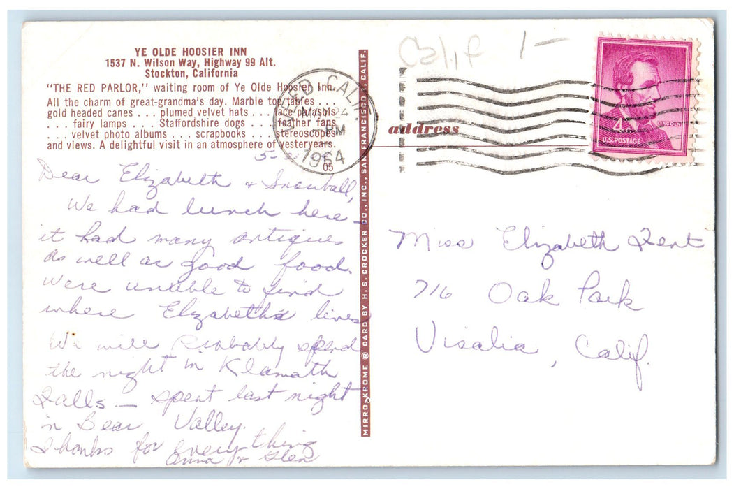 1964 Ye Oldie Hoosier Inn Hotel Restaurant View Stockton California CA Postcard