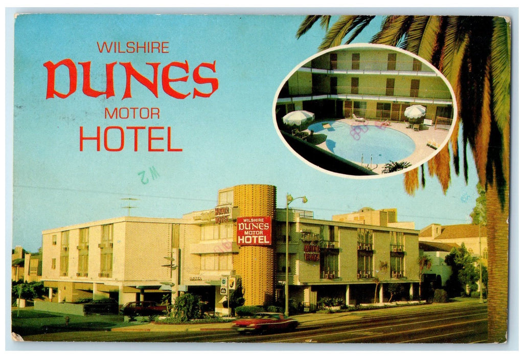 1977 Wilshire Dunes Motor Hotel Restaurant Building View Los Angeles CA Postcard