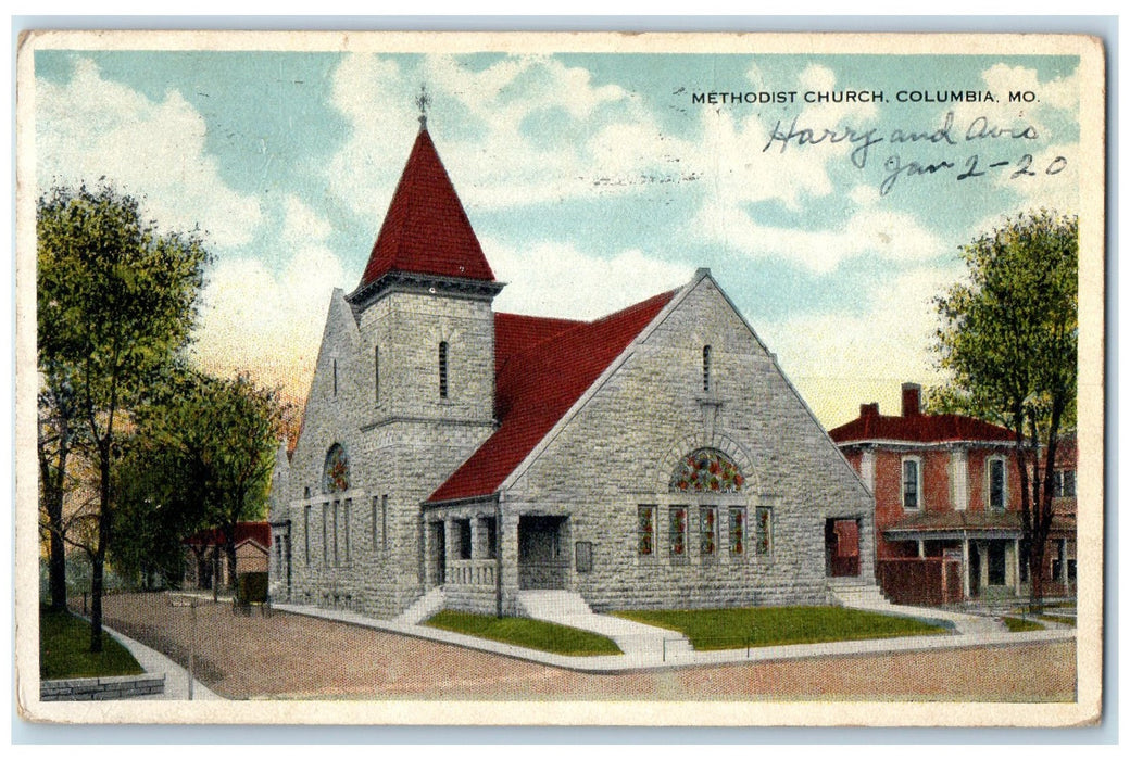 1919 Methodist Church Building Tower Dirt Road Columbia Missouri MO Postcard