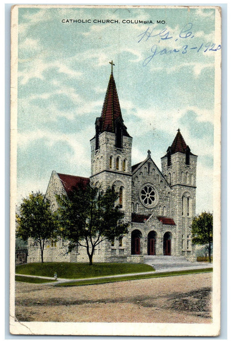 1920 Catholic Church Dirt Road Cross Tower Columbia Missouri MO Posted Postcard