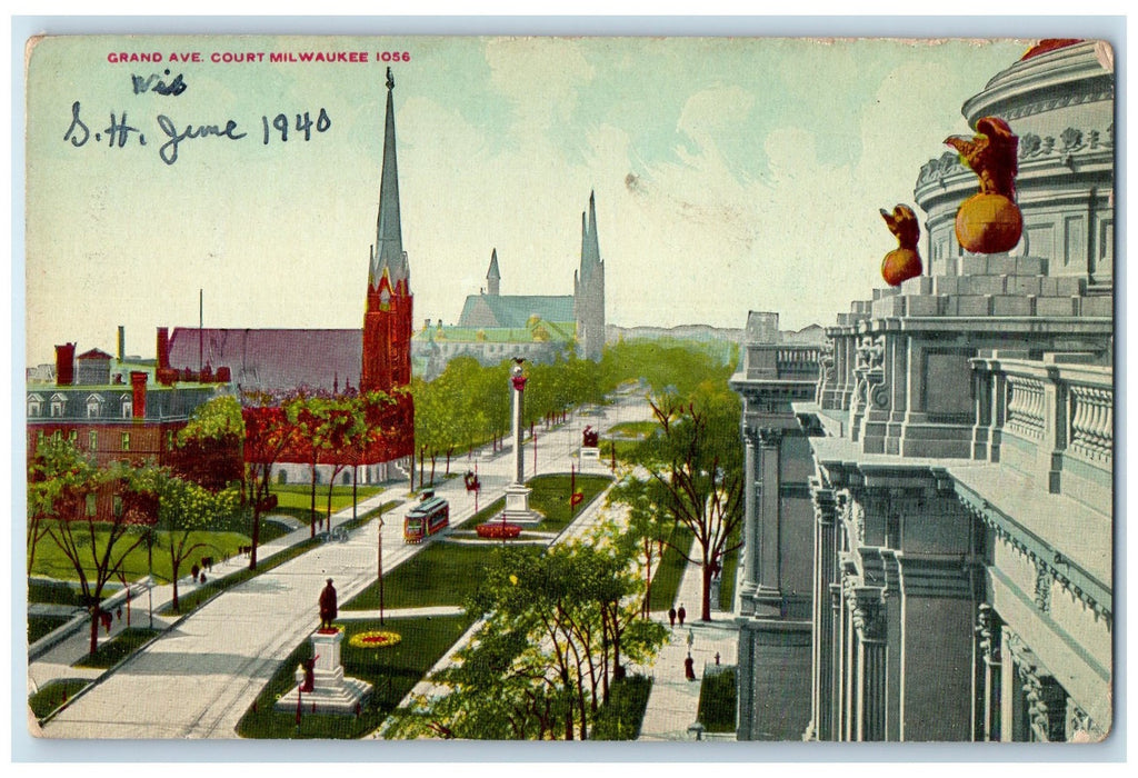 c1950 Grand Avenue Court Building Trolley Tower Milwaukee Wisconsin WI Postcard