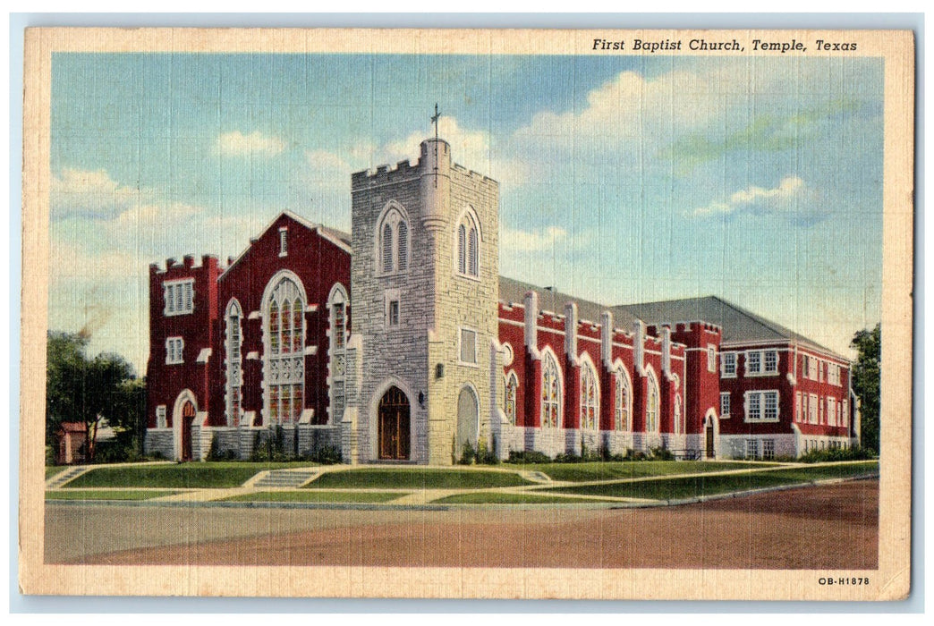 1941 First Baptist Church Cross Architectural Design Building Temple TX Postcard