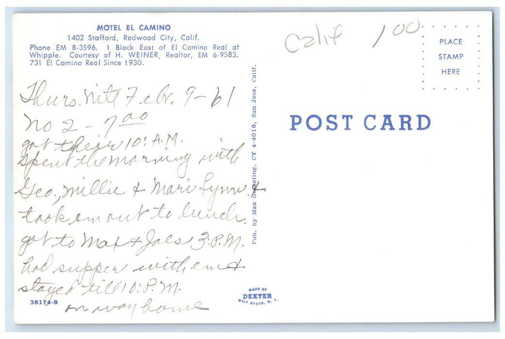 c1950's Motel El Camino Guests Swimming Pool Redwood City California CA Postcard