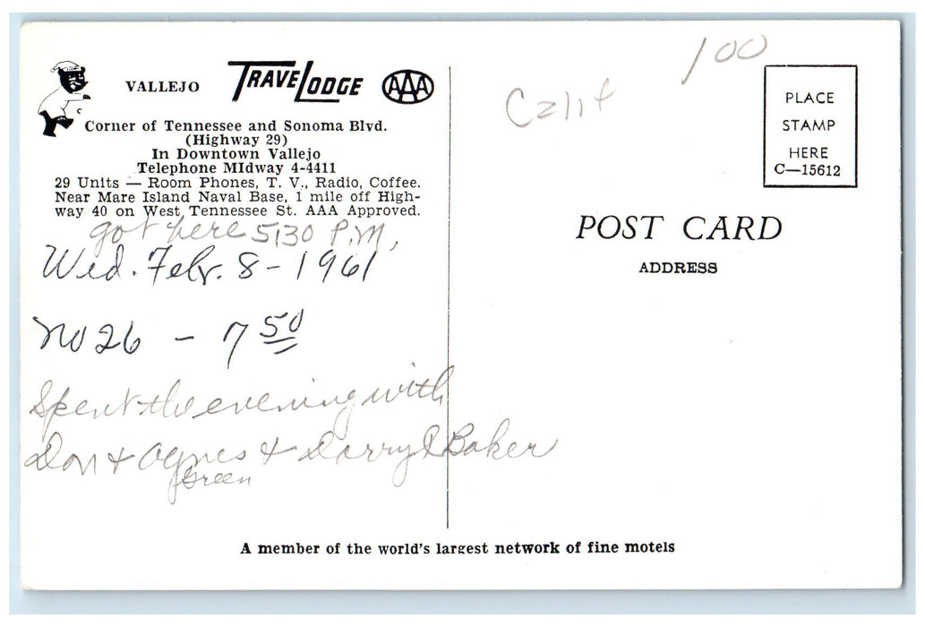 c1950 Vallejo Travel Lodge Hotel Cottage Entrance Restaurant Vallejo CA Postcard