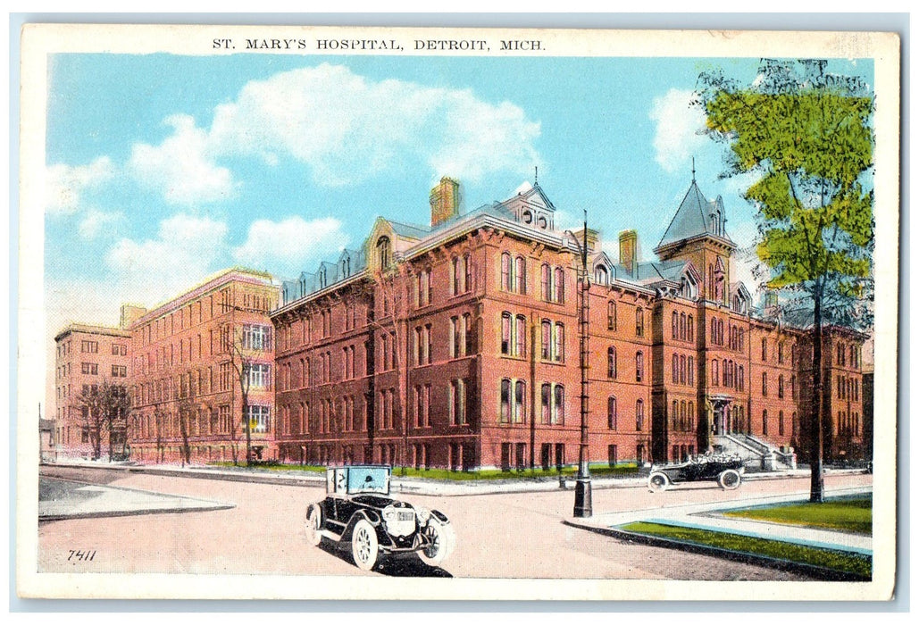 c1920's St. Mary's Hospital Building Classic Cars Detroit Michigan MI Postcard