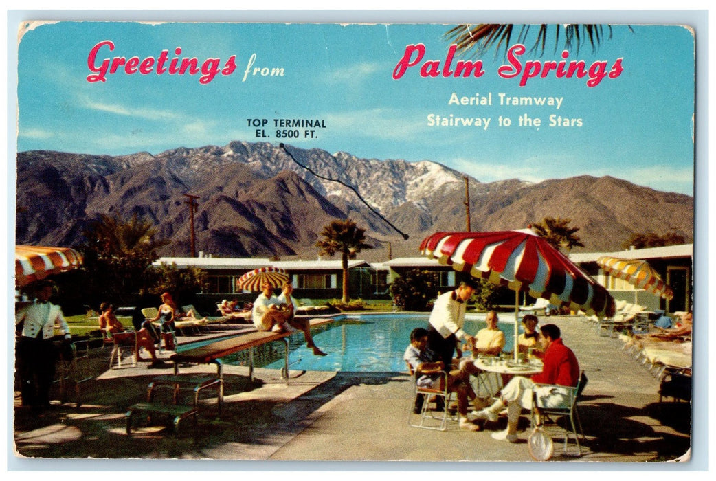 1956 Greetings From Palm Spring Swimming Pool Restaurant California CA Postcard