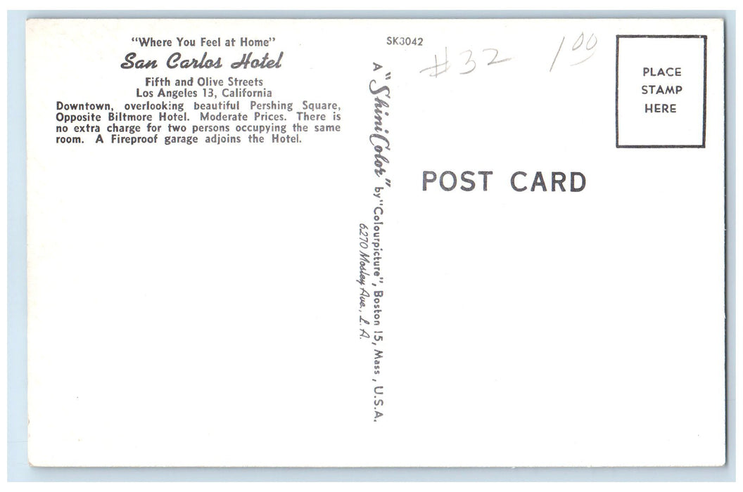 c1950's San Carlos Hotel Buiding Restaurant Los Angeles California CA Postcard