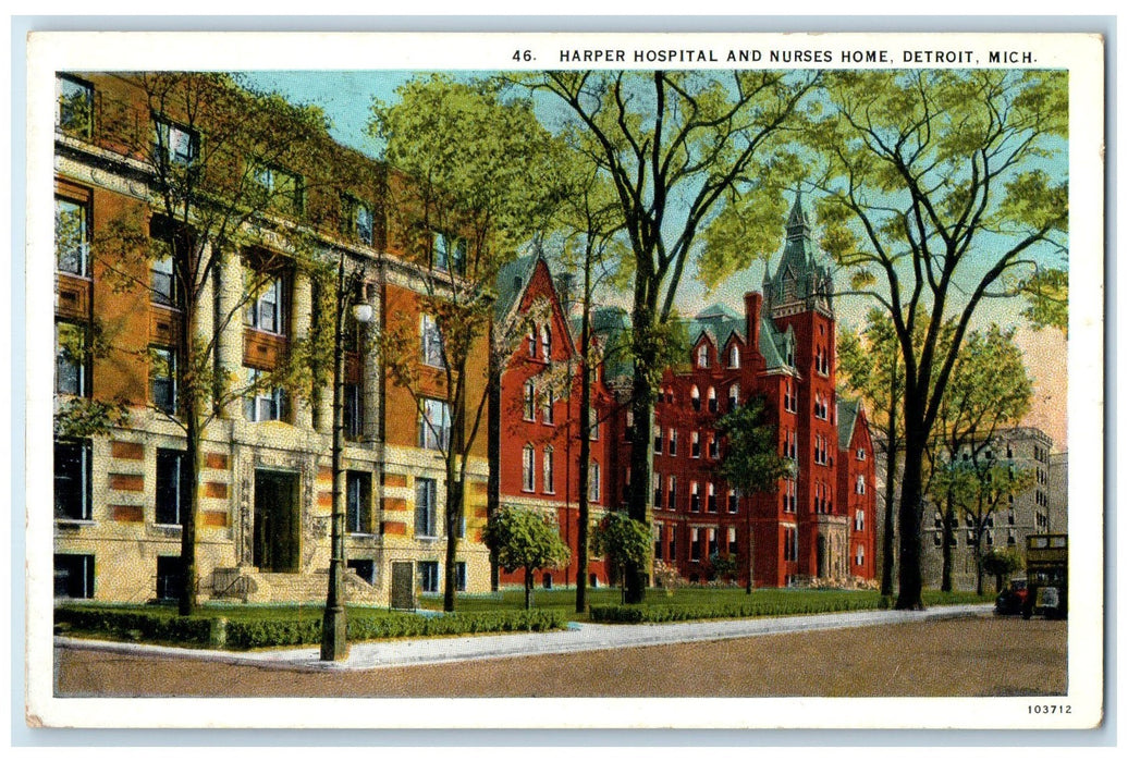 c1920 Harper Hospital & Nurses Home Building Street Detroit Michigan MI Postcard