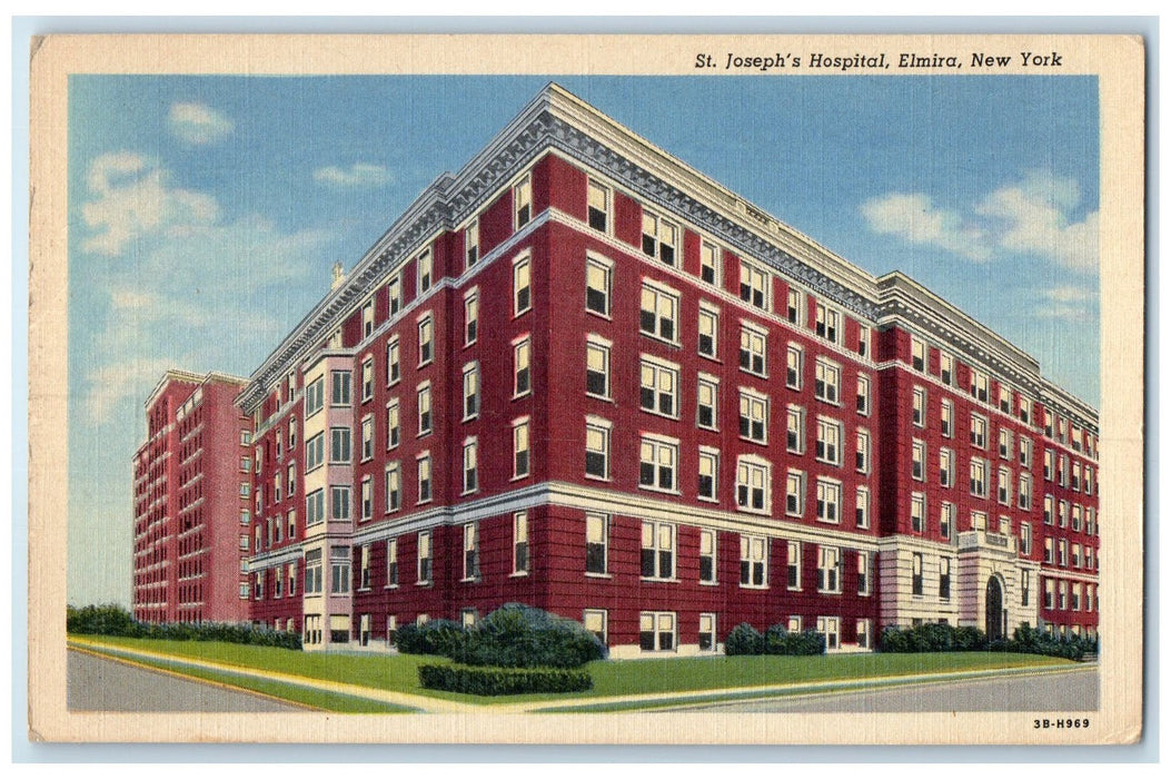 c1940's St. Joseph's Hospital Side View Of Building Elmira New York NY Postcard