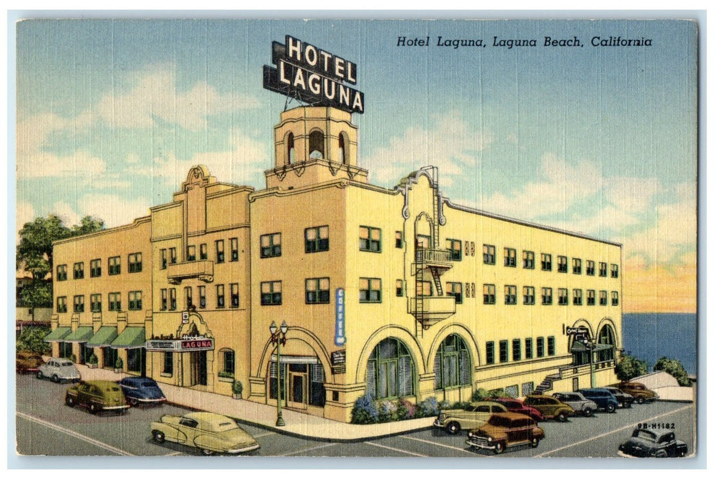 c1940 Hotel Laguna & Restaurant Classic Cars Laguna Beach California CA Postcard