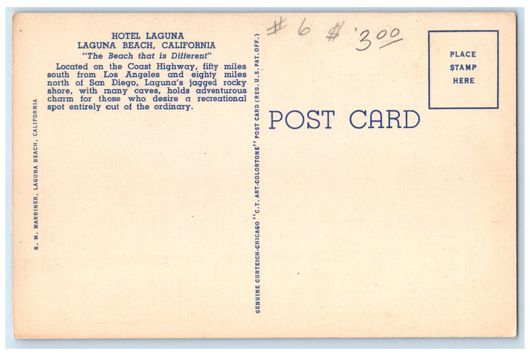 c1940 Hotel Laguna & Restaurant Classic Cars Laguna Beach California CA Postcard