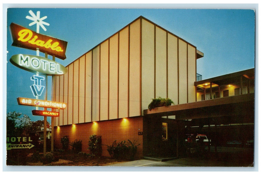 1962 Diablo Motel Restaurant Signage Entrance Car Park Walnut Creek CA Postcard