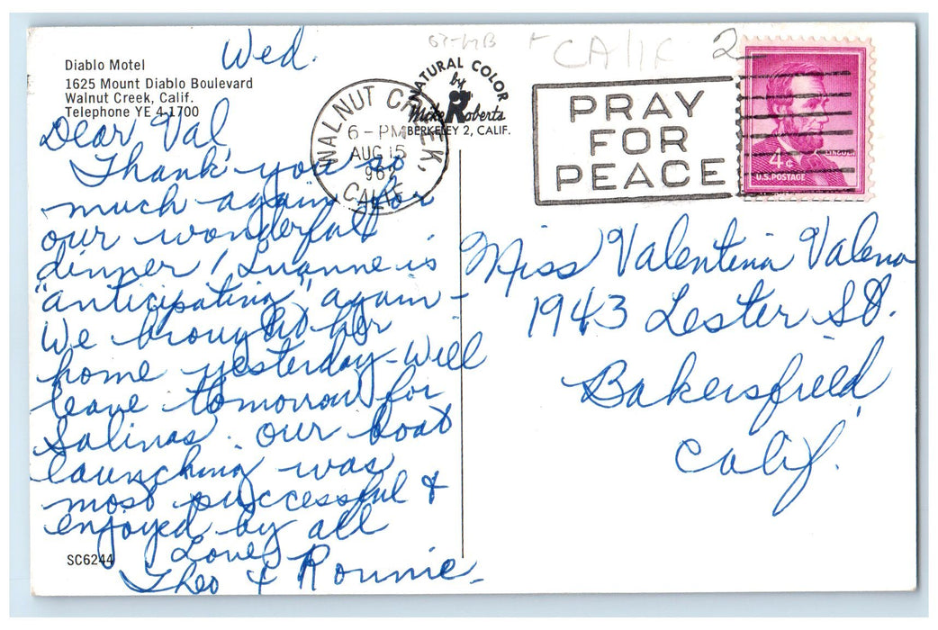 1962 Diablo Motel Restaurant Signage Entrance Car Park Walnut Creek CA Postcard